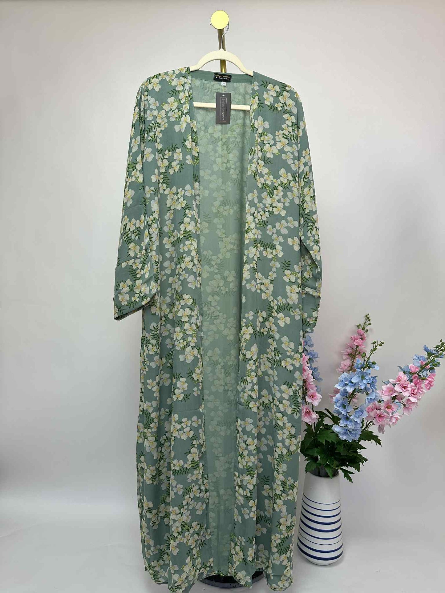Floral Print Chiffon Open Abaya - Sage / Cream