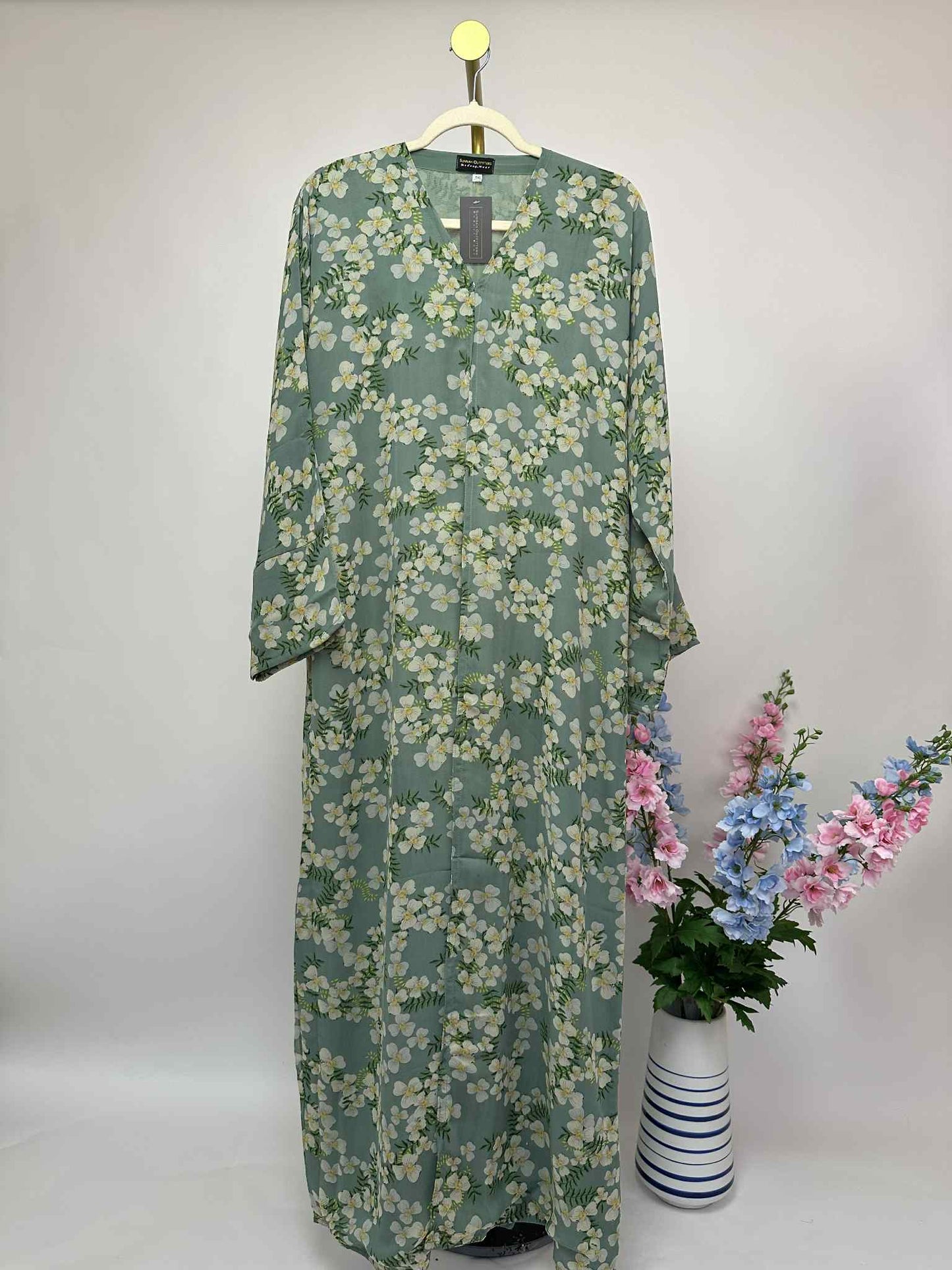Floral Print Chiffon Open Abaya - Sage / Cream