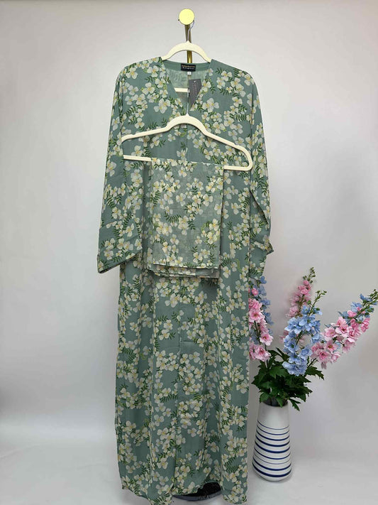 Floral Print Chiffon Open Abaya - Sage / Cream