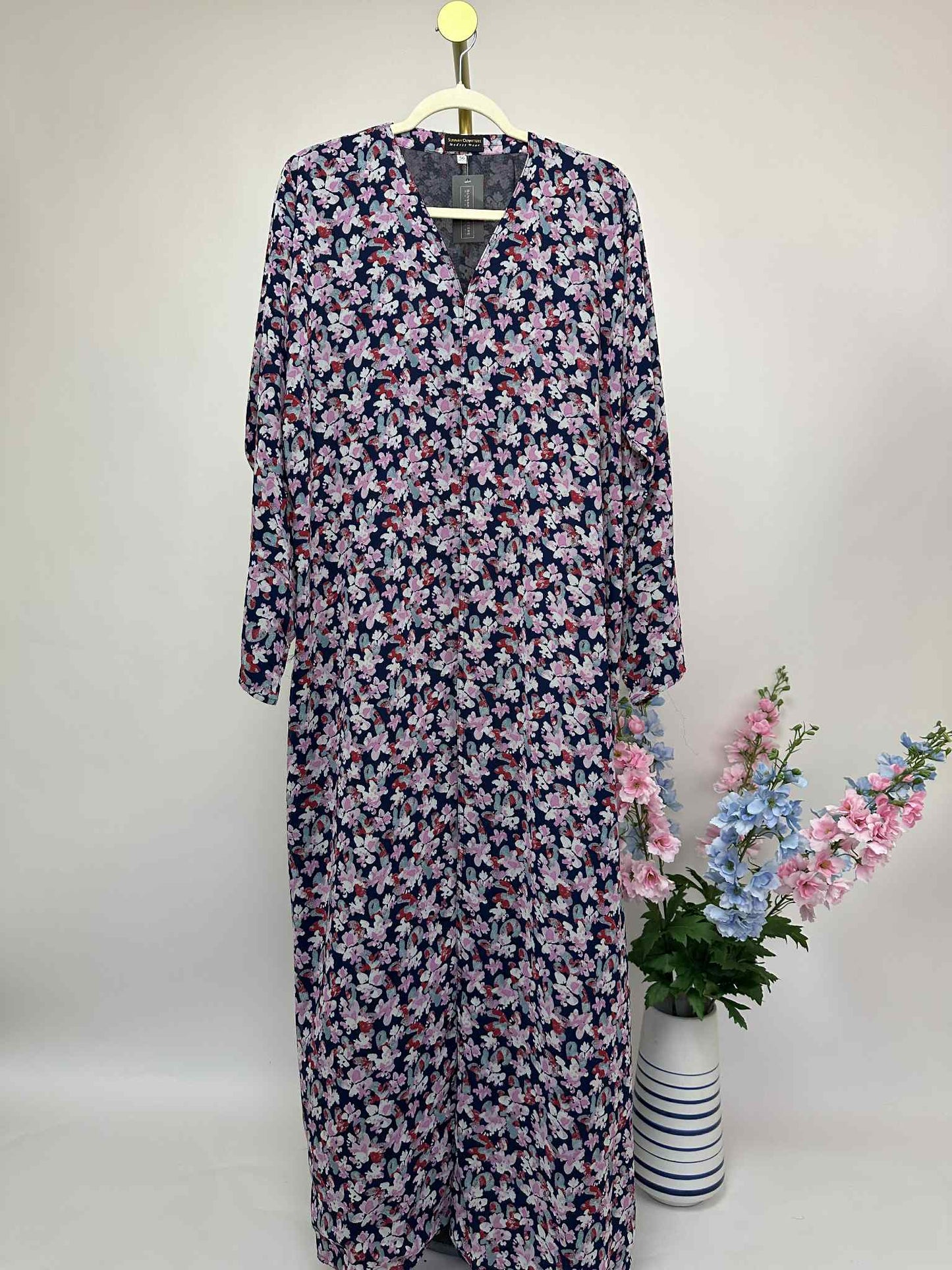 Floral Print Chiffon Open Abaya - Navy / Pink