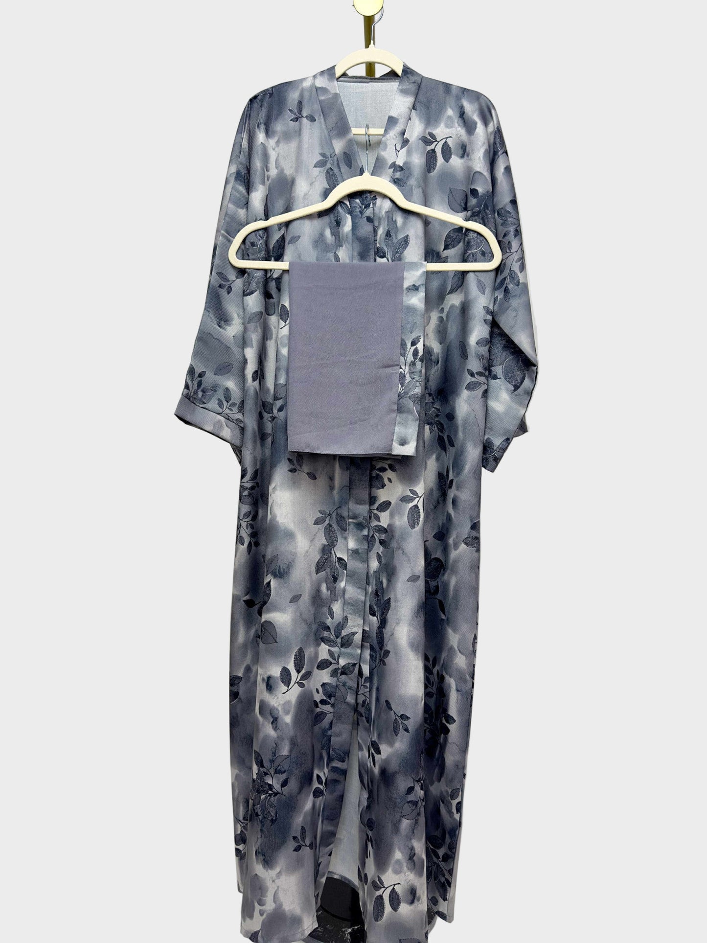 Linen Print Open Abaya - Gray