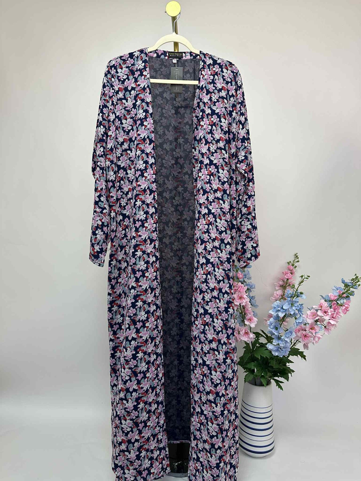 Floral Print Chiffon Open Abaya - Navy / Pink