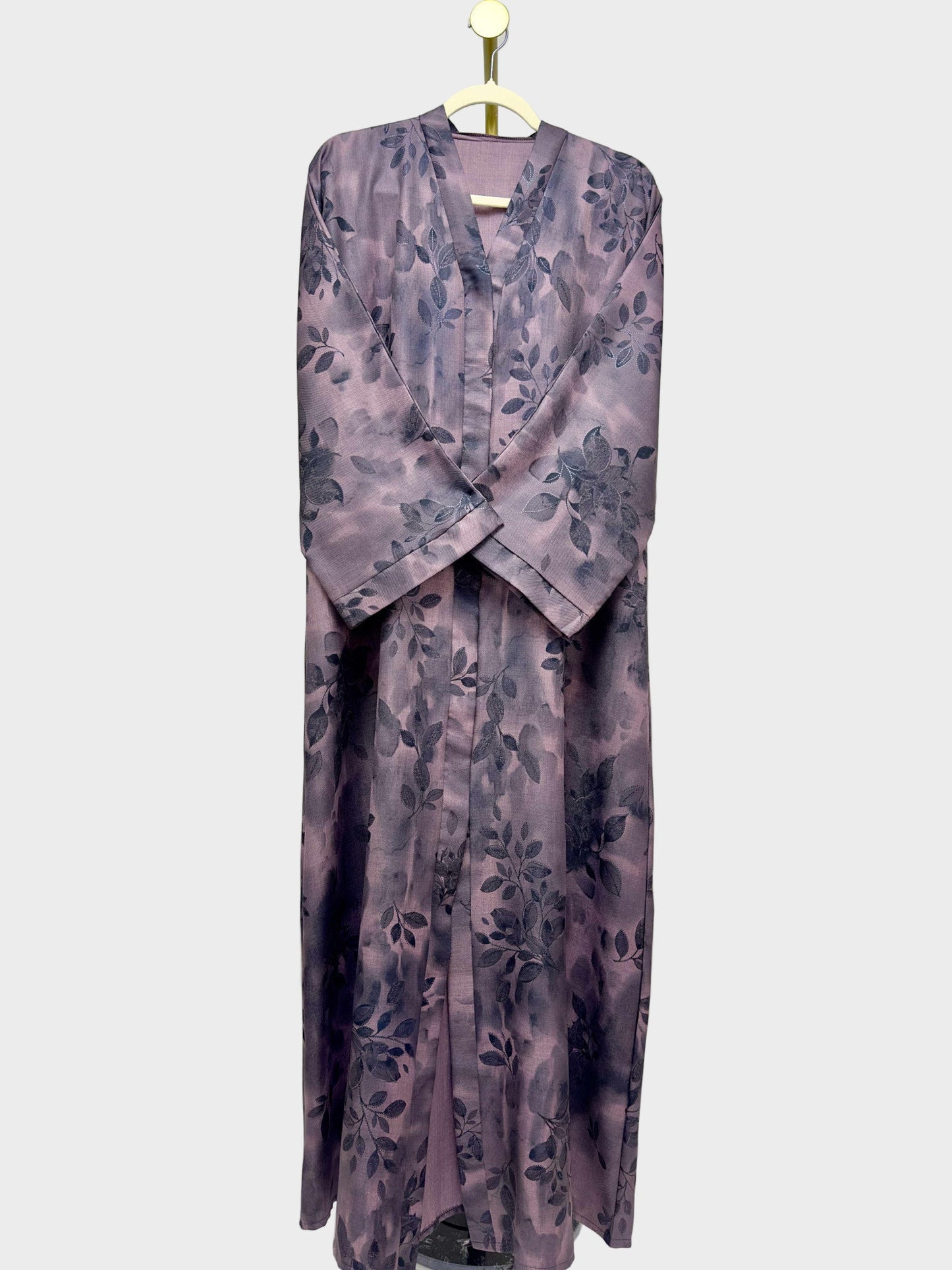 Linen Print Open Abaya - Plum