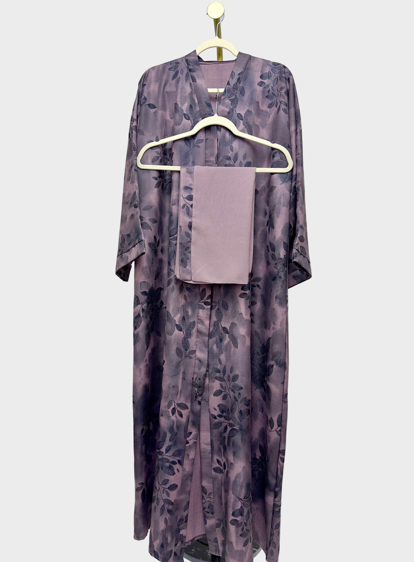 Linen Print Open Abaya - Plum