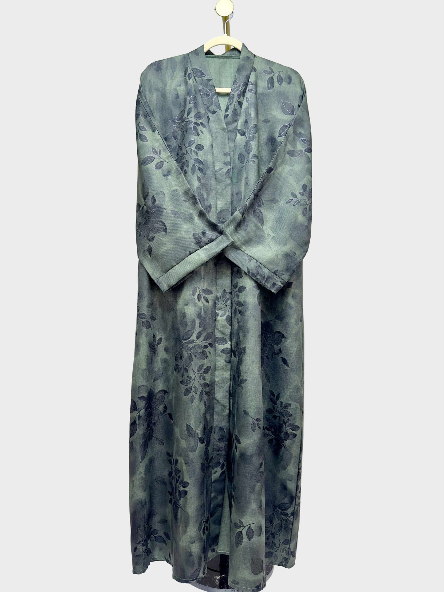 Linen Print Open Abaya - Olive