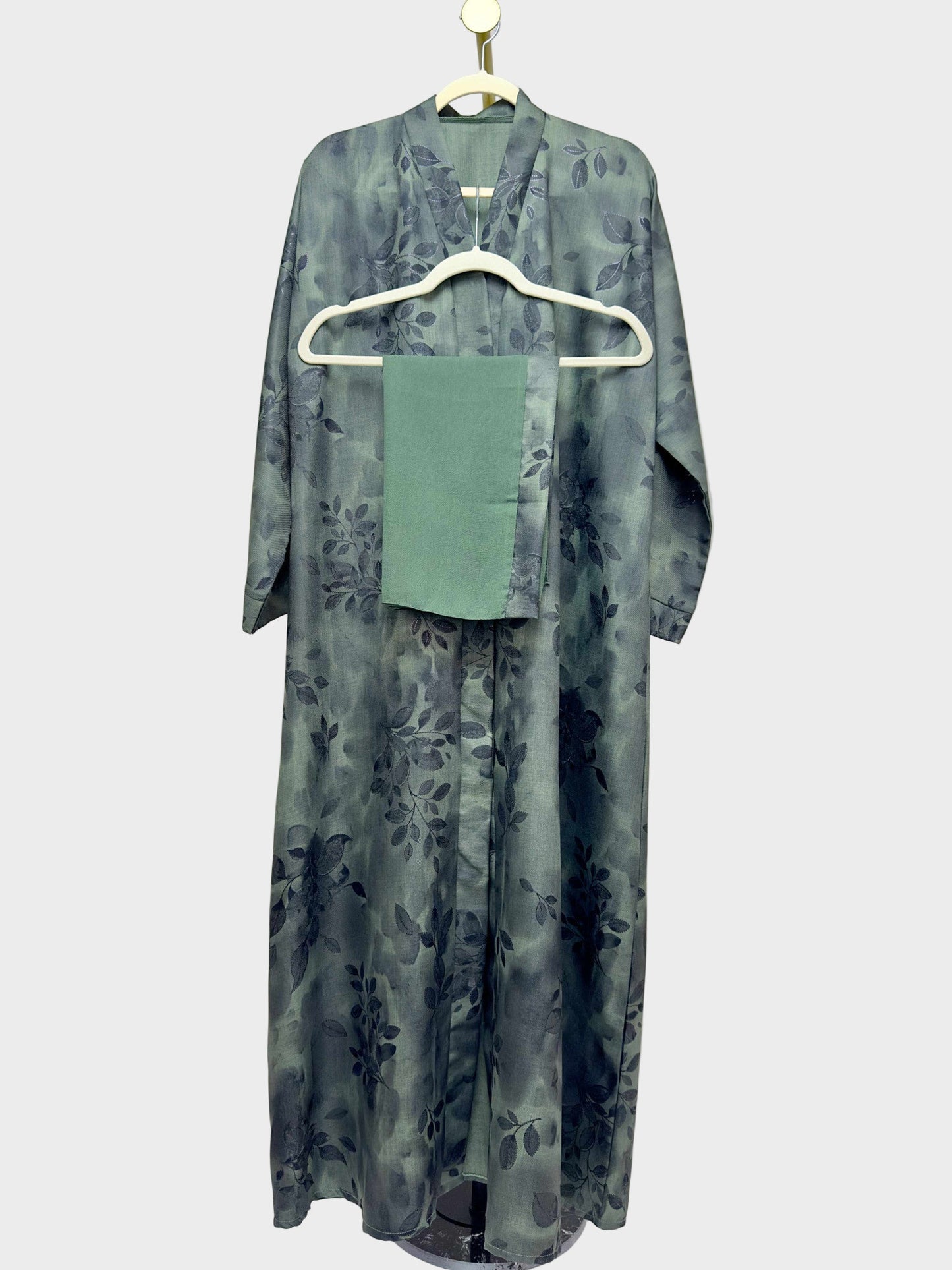 Linen Print Open Abaya - Olive