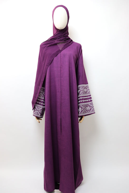 Linen Button Up Embroidery Abaya - Plum
