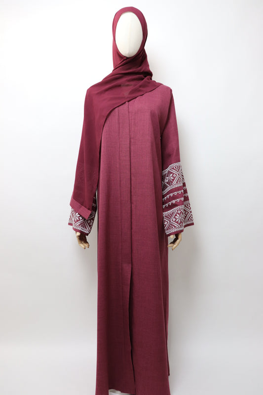 Linen Button Up Embroidery Abaya - Berry Red