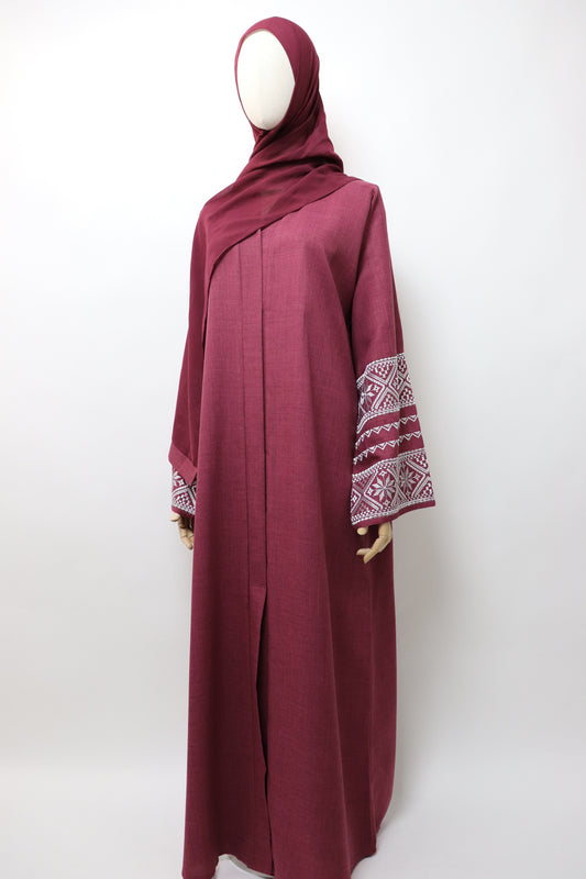 Linen Button Up Embroidery Abaya - Berry Red