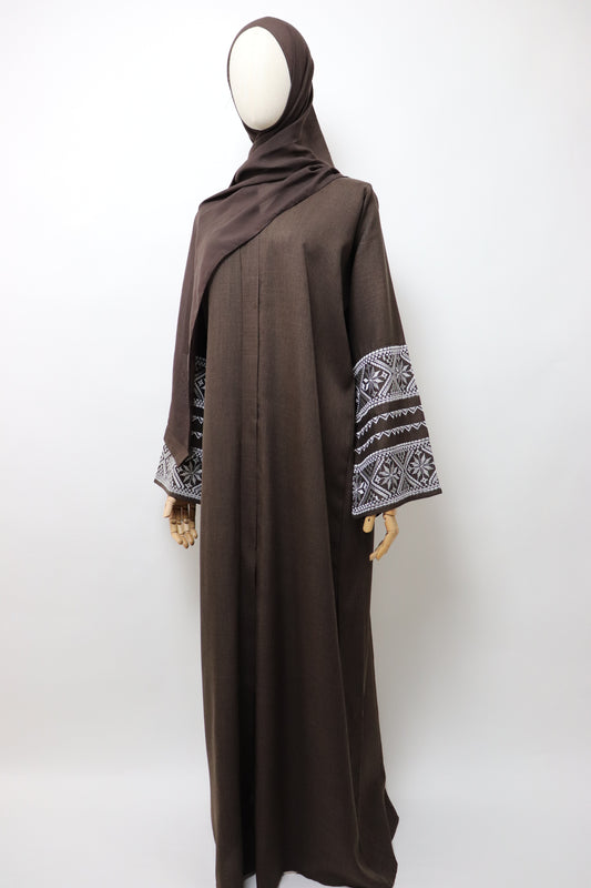 Linen Button Up Embroidery Abaya - Coffee
