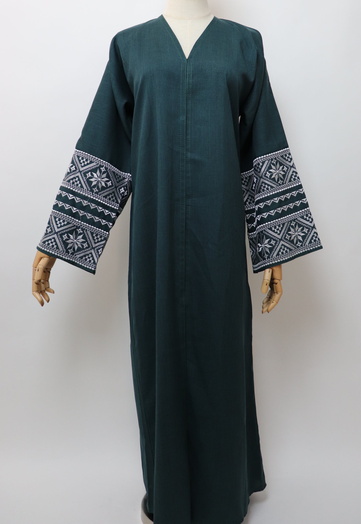Linen Button Up Embroidery Abaya - Forest