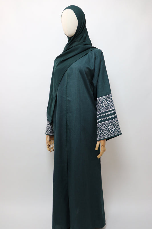 Linen Button Up Embroidery Abaya - Forest