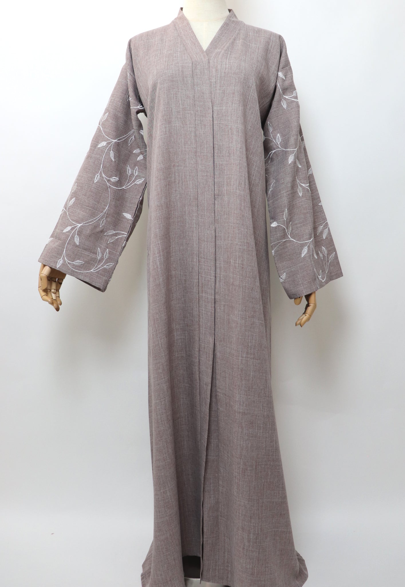 Linen Button Up Vine Embroidery Abaya - Taupe