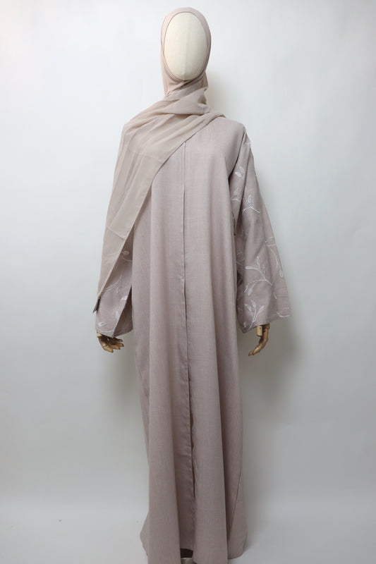 Linen Button Up Vine Embroidery Abaya - Almond