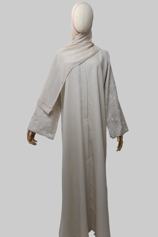 Linen Button Up Vine Embroidery Abaya - Dove