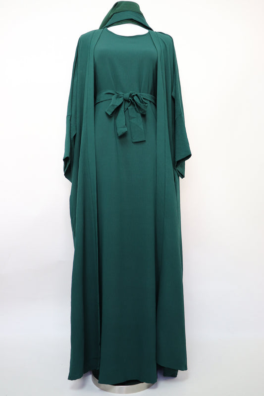 3 Piece Set Open Kimono Abaya - Emerald