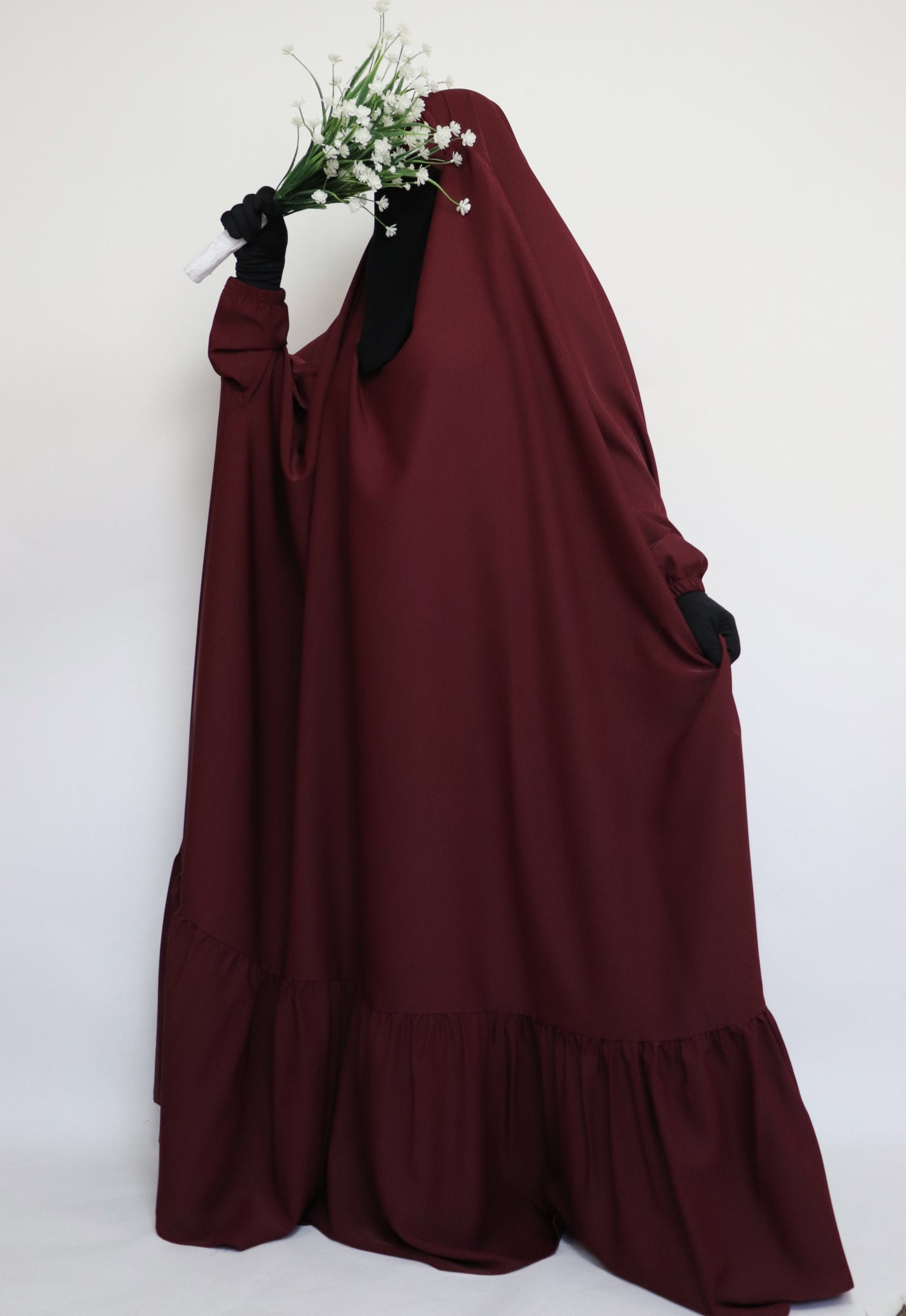 One Piece Full Length Tiered Jilbab - Maroon