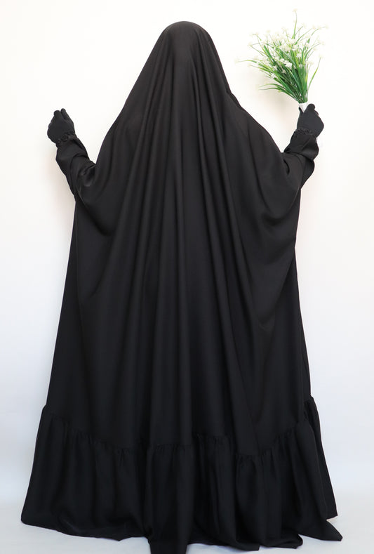 One Piece Full Length Tiered Jilbab - Black