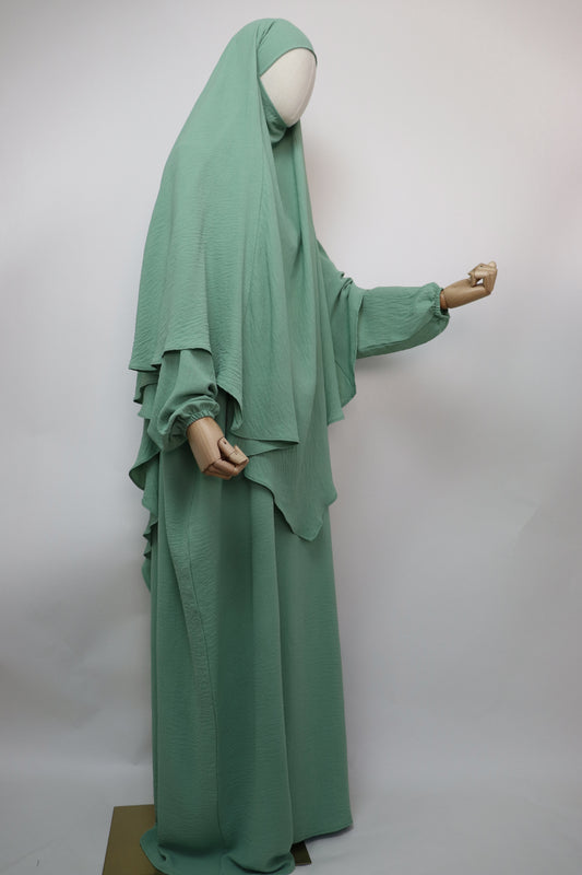 Semi Batwing Abaya and Diamond Khimar Set - Moss