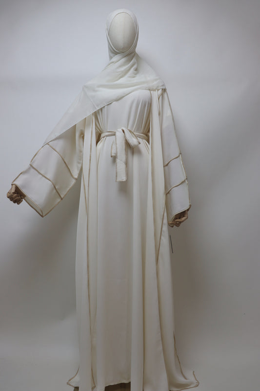 3 Piece Set Crinkle Abaya - Ivory