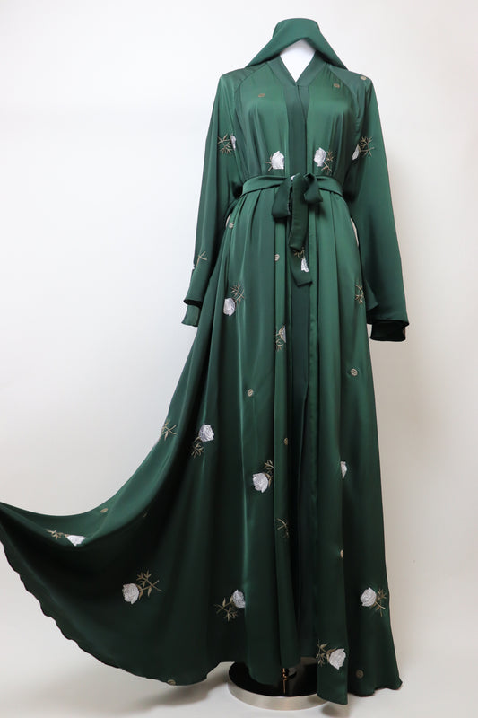 Open Flare Umbrella Embroidery Abaya - Emerald