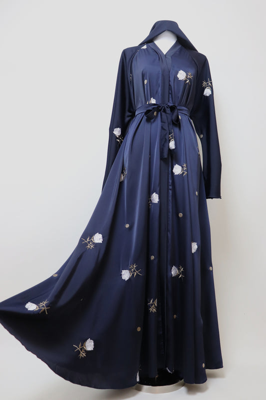 Open Flare Umbrella Embroidery Abaya - Navy
