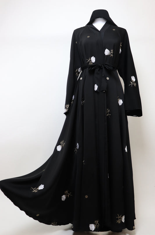 Open Flare Umbrella Embroidery Abaya - Black
