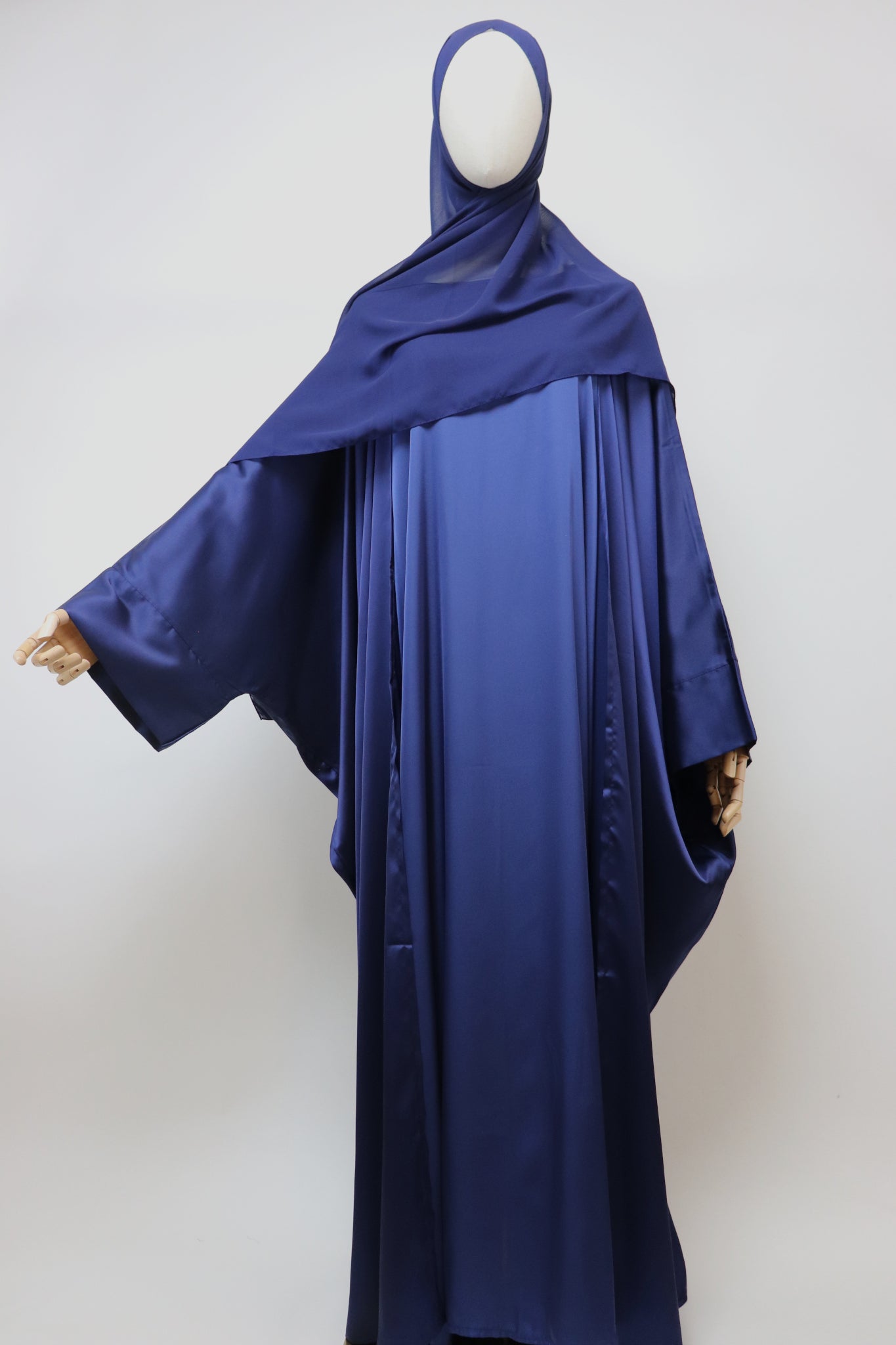3 Piece Set Satin Open Bisht Abaya - Navy