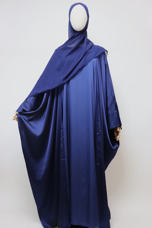 3 Piece Set Satin Open Bisht Abaya - Navy