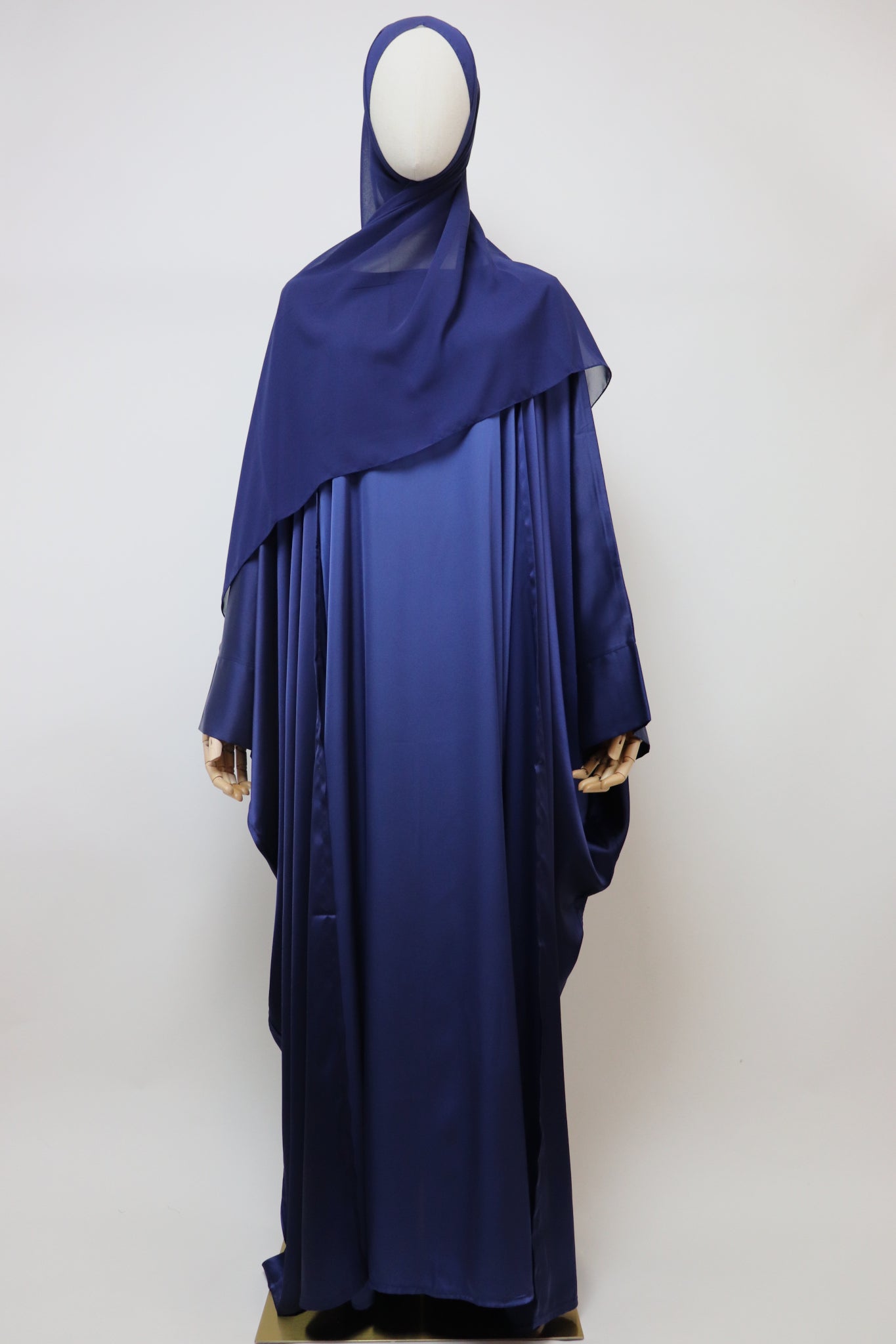 3 Piece Set Satin Open Bisht Abaya - Navy