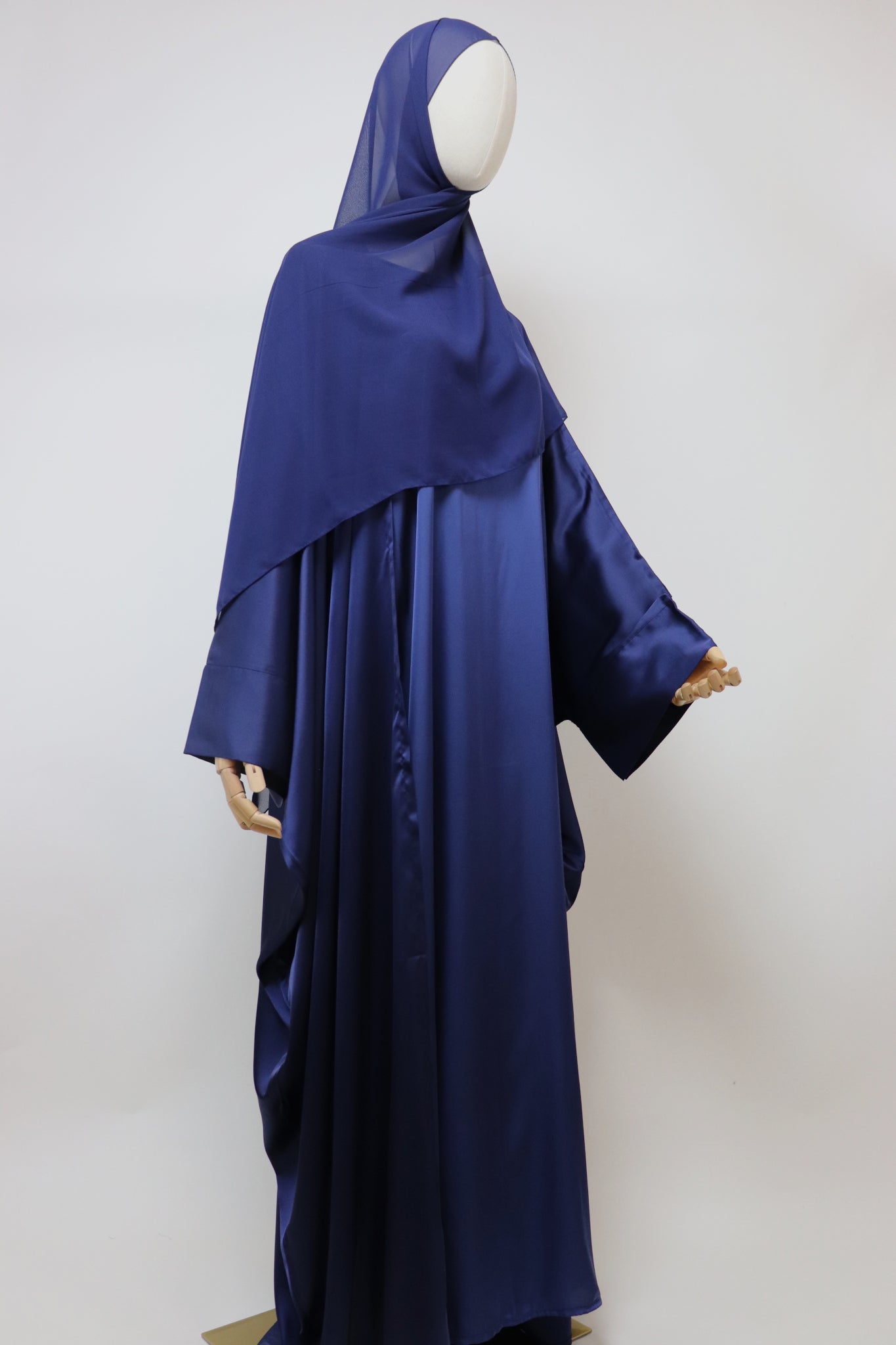 3 Piece Set Satin Open Bisht Abaya - Navy
