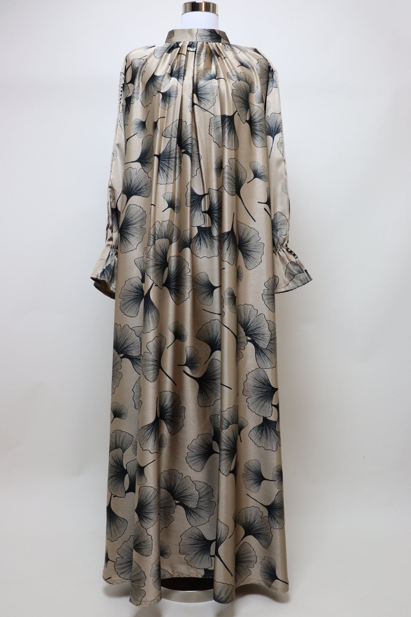 Closed Semi Flare Printed Abaya - Golden Beige