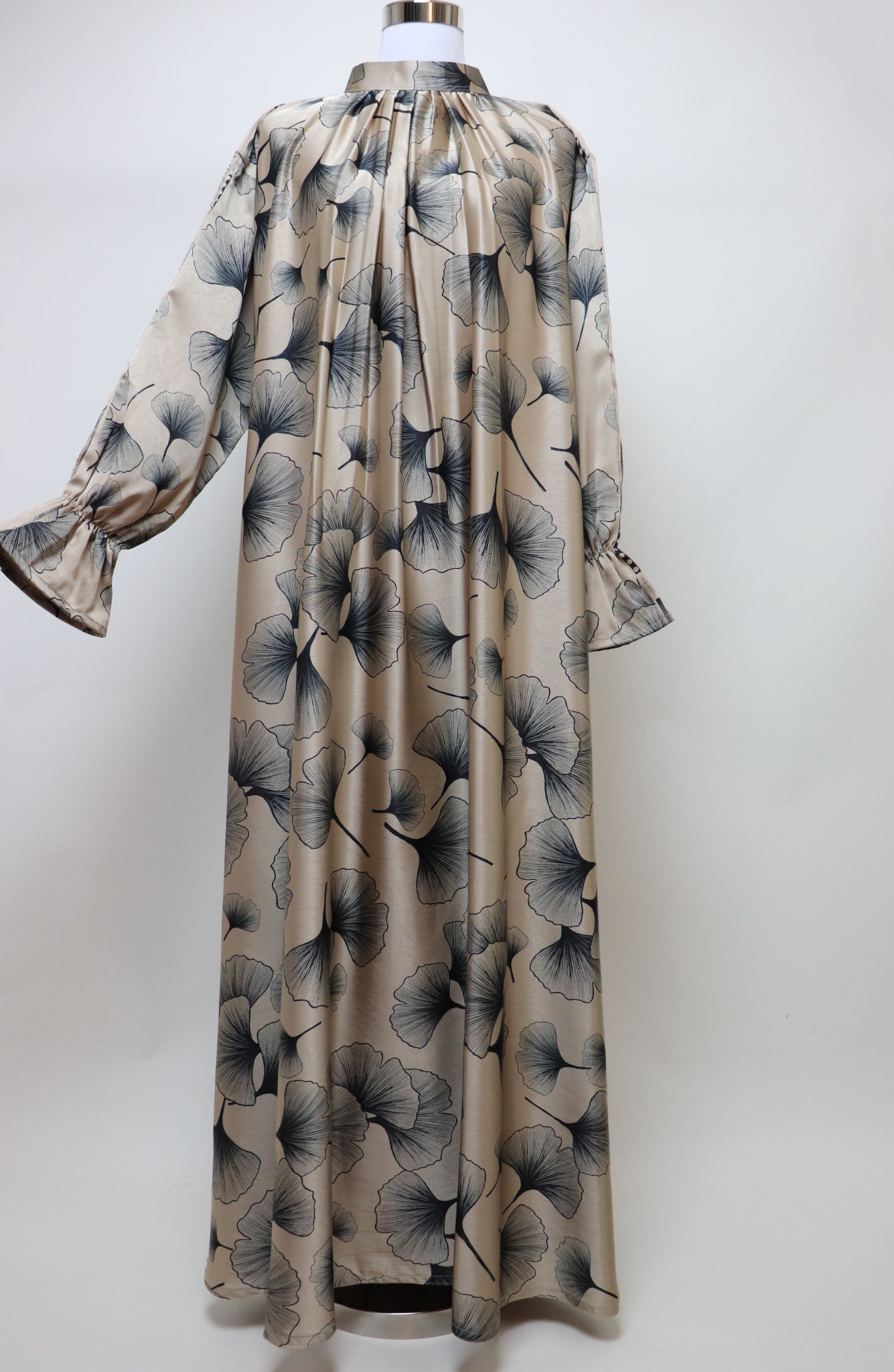 Closed Semi Flare Printed Abaya - Golden Beige