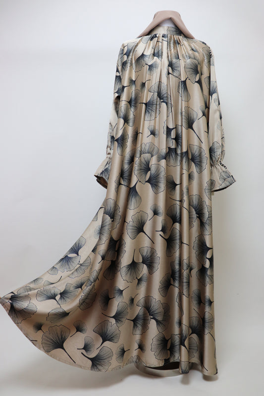 Closed Semi Flare Printed Abaya - Golden Beige