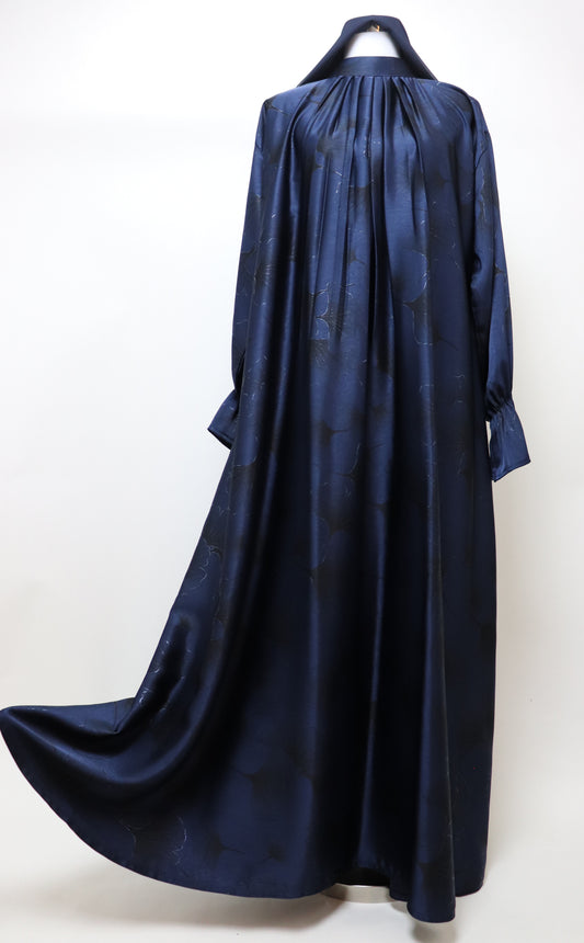 Closed Semi Flare Printed Abaya - Navy