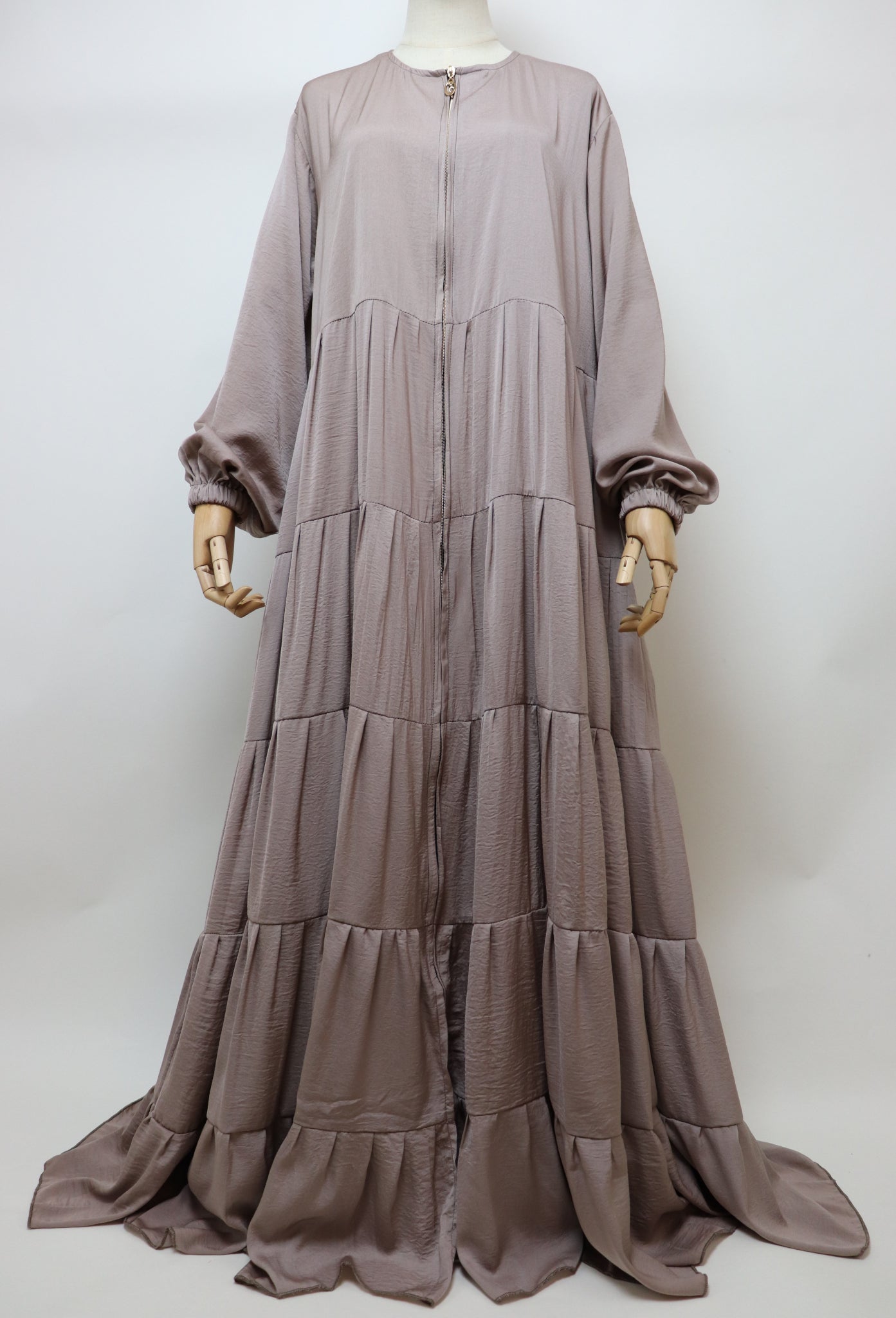 Full-zip 5 Tiered Wide Flare Umbrella Abaya - Light Taupe