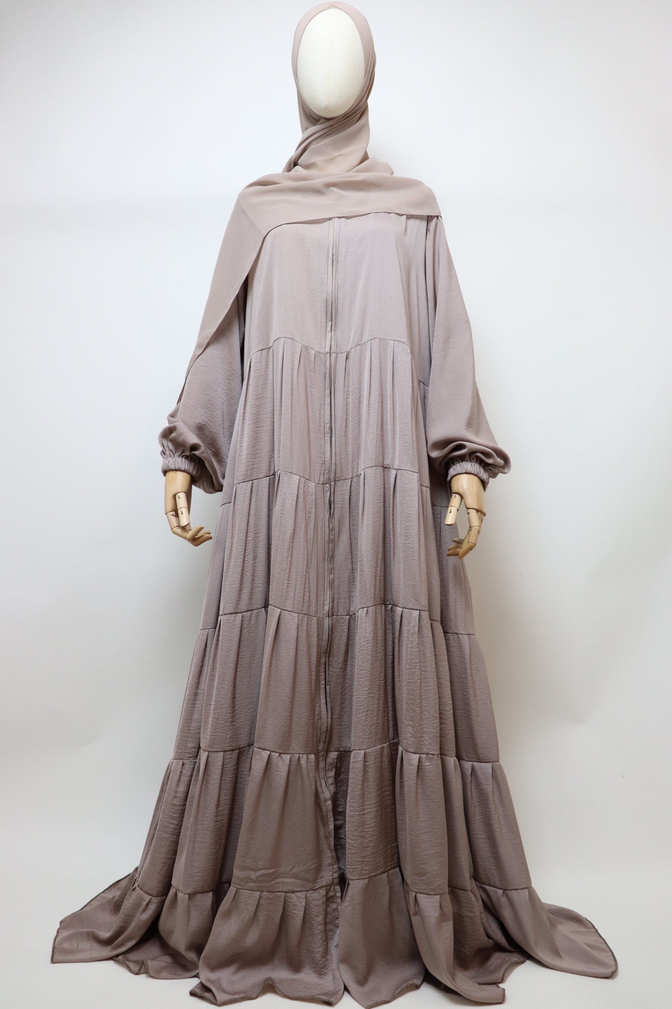 Full-zip 5 Tiered Wide Flare Umbrella Abaya - Light Taupe