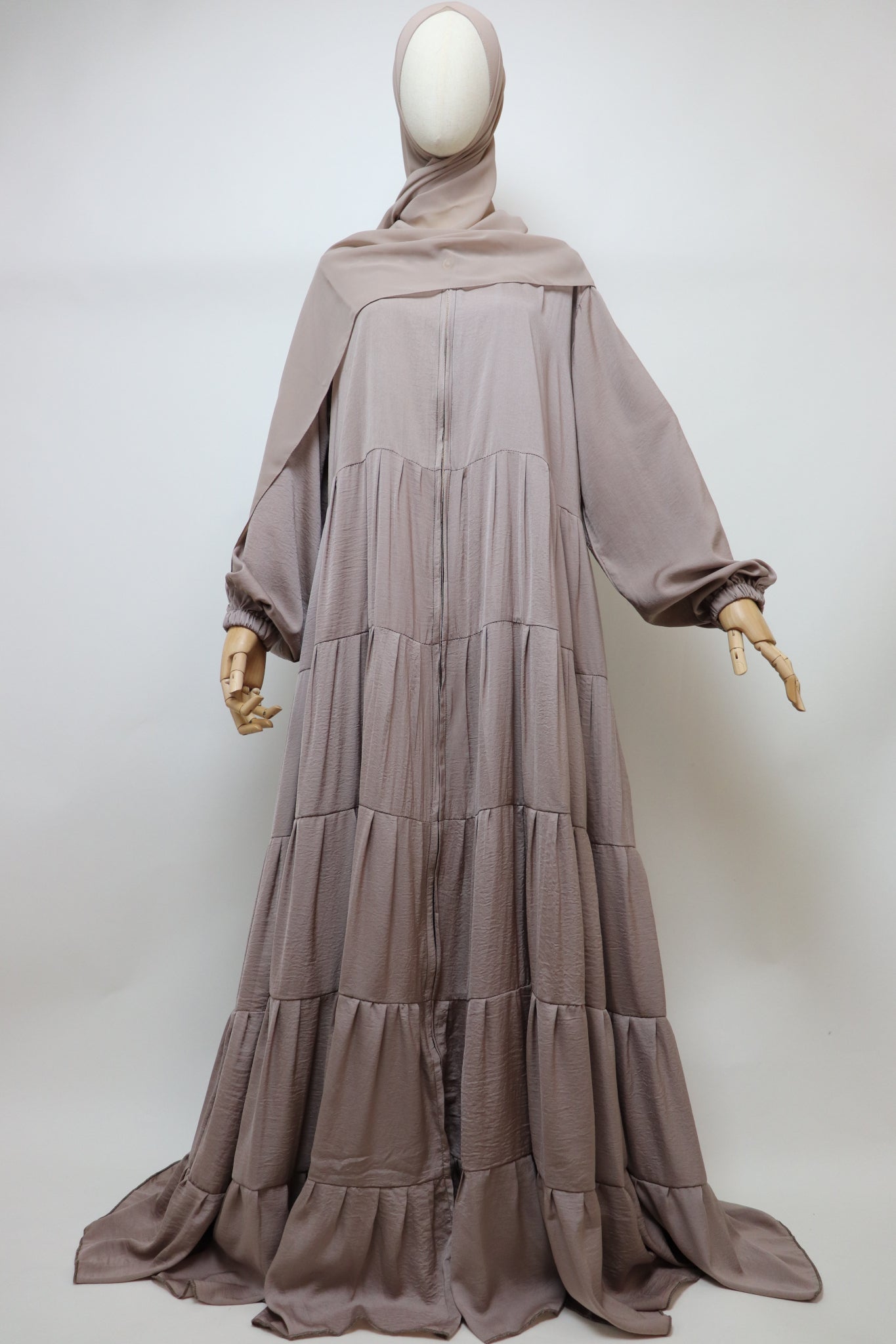 Full-zip 5 Tiered Wide Flare Umbrella Abaya - Light Taupe