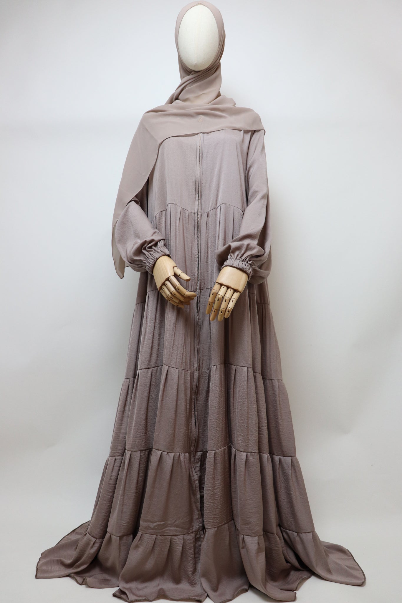 Full-zip 5 Tiered Wide Flare Umbrella Abaya - Light Taupe