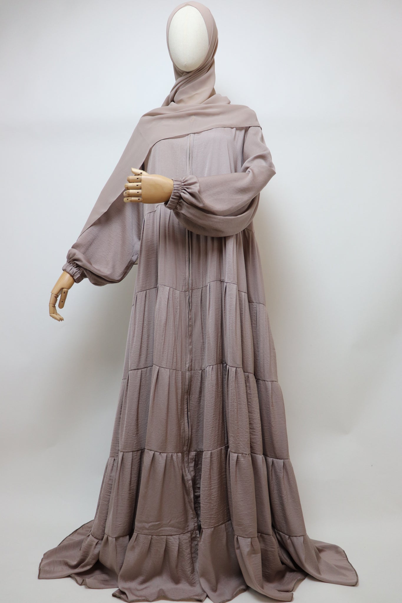 Full-zip 5 Tiered Wide Flare Umbrella Abaya - Light Taupe