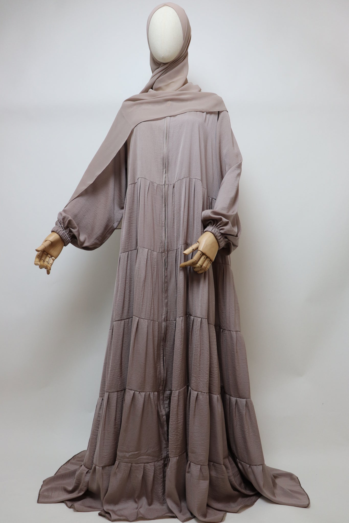 Full-zip 5 Tiered Wide Flare Umbrella Abaya - Light Taupe