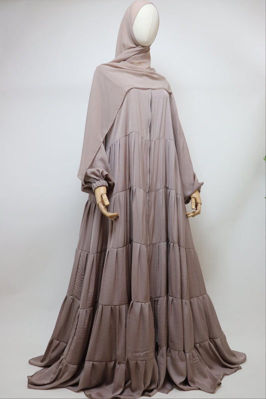 Full-zip 5 Tiered Wide Flare Umbrella Abaya - Light Taupe