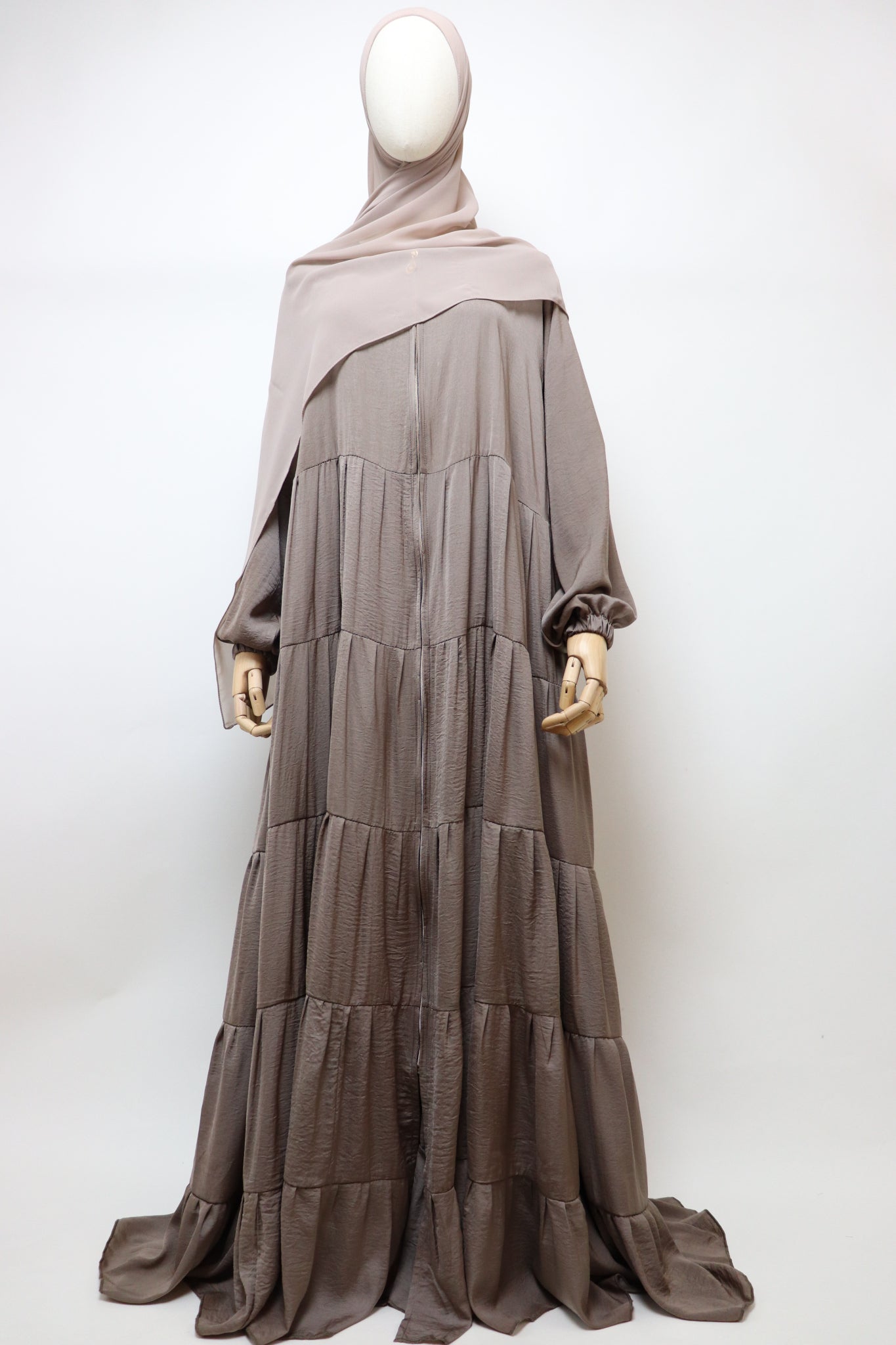 Full-zip 5 Tiered Wide Flare Umbrella Abaya - Latte