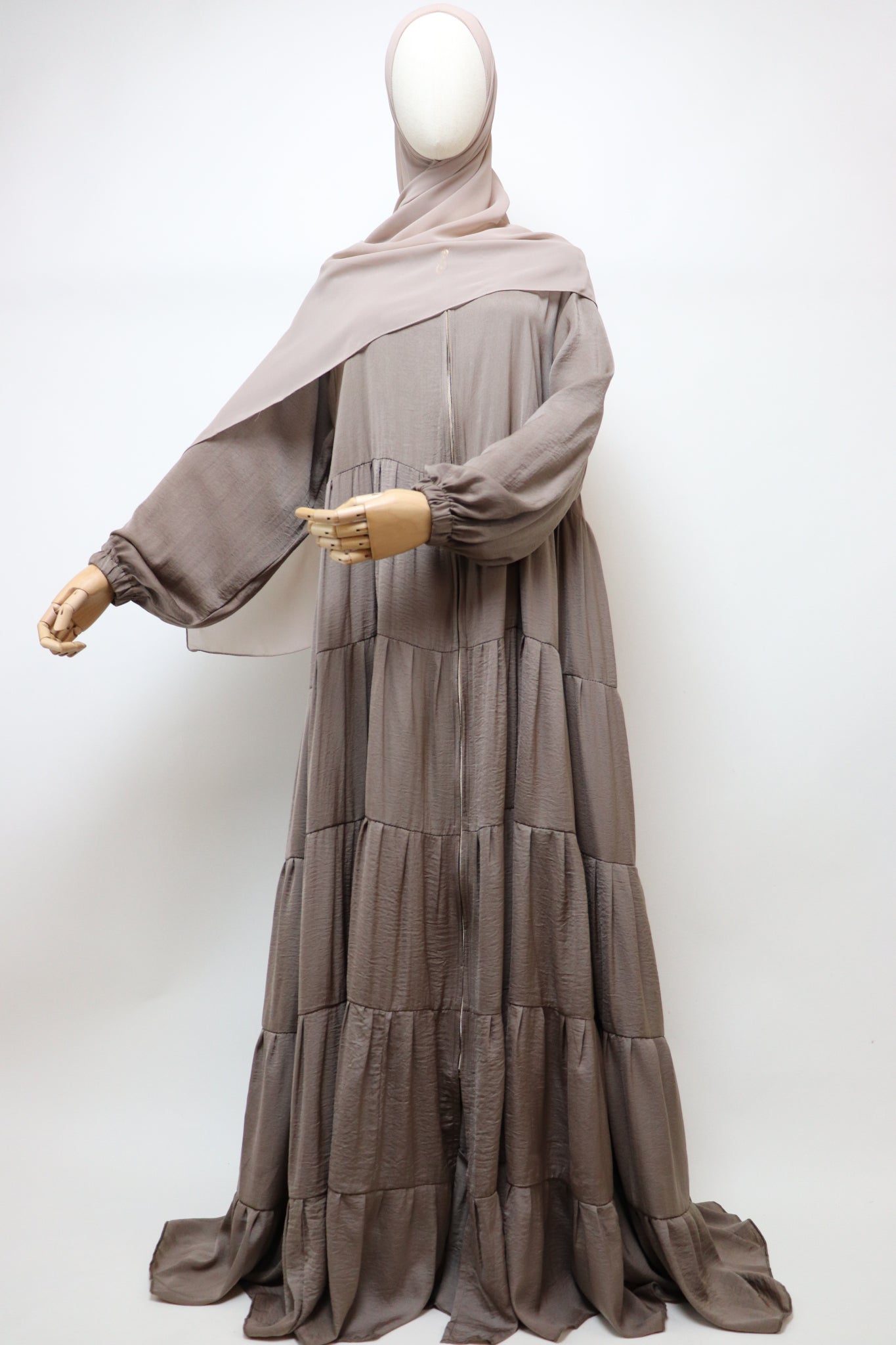 Full-zip 5 Tiered Wide Flare Umbrella Abaya - Latte
