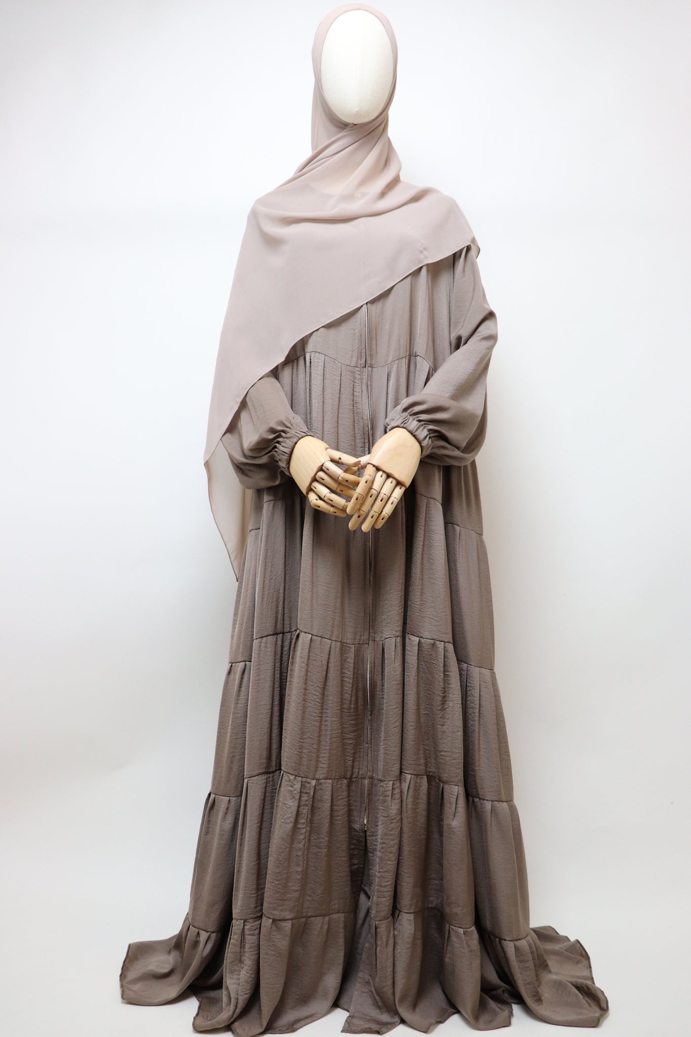 Full-zip 5 Tiered Wide Flare Umbrella Abaya - Latte