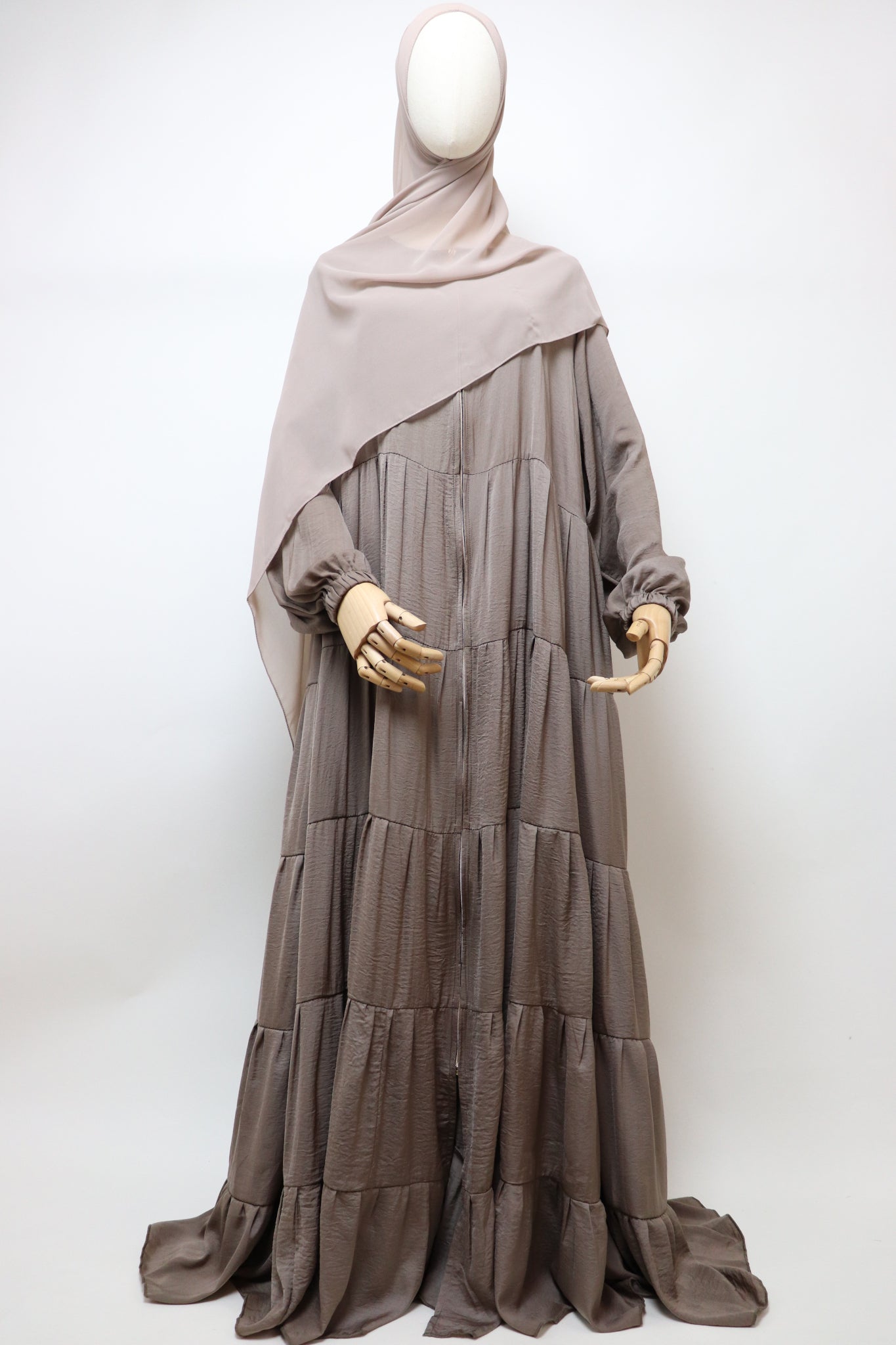 Full-zip 5 Tiered Wide Flare Umbrella Abaya - Latte