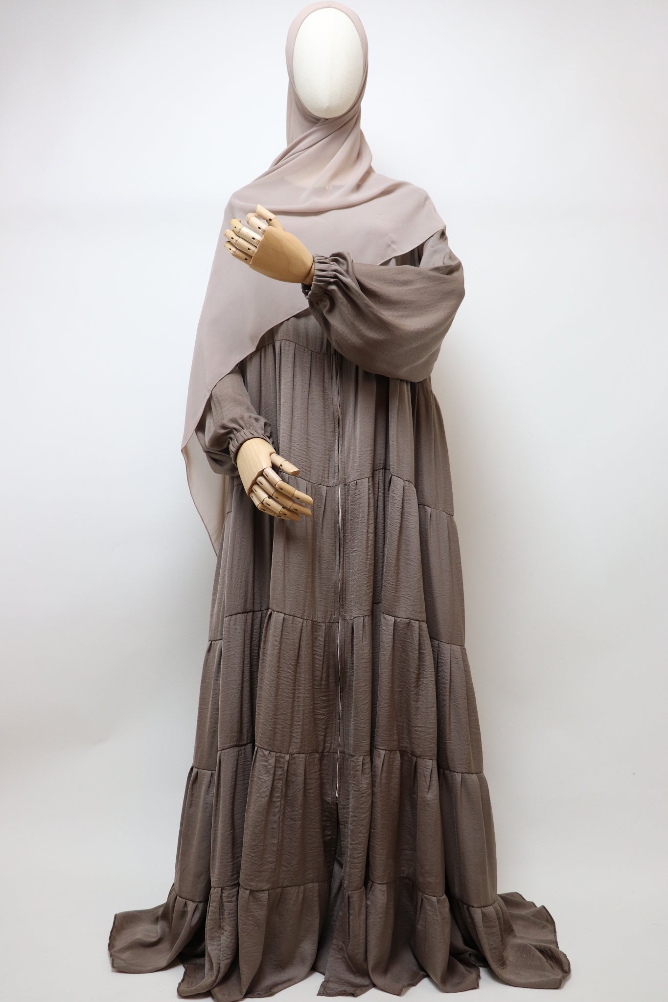 Full-zip 5 Tiered Wide Flare Umbrella Abaya - Latte
