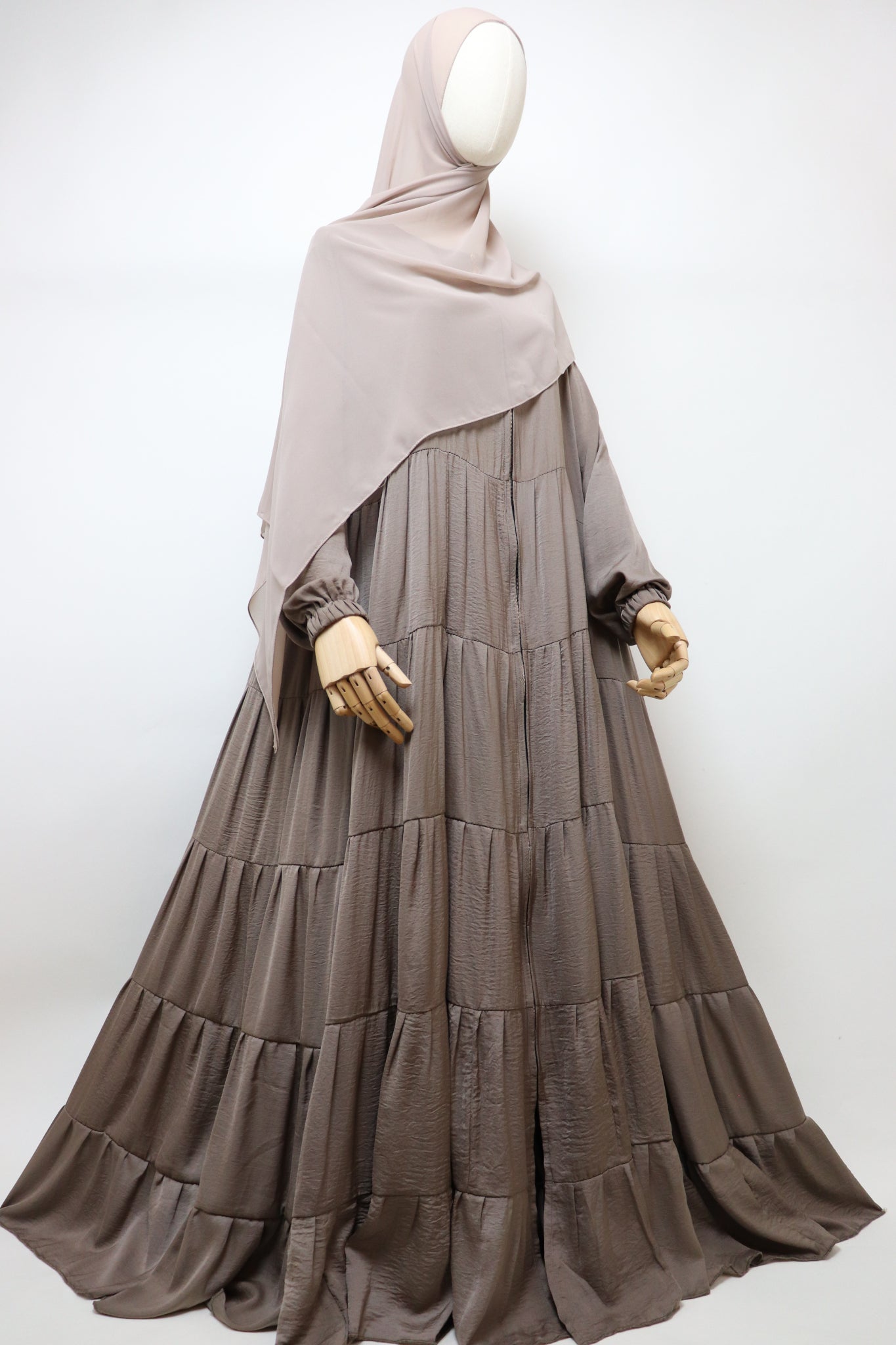 Full-zip 5 Tiered Wide Flare Umbrella Abaya - Latte