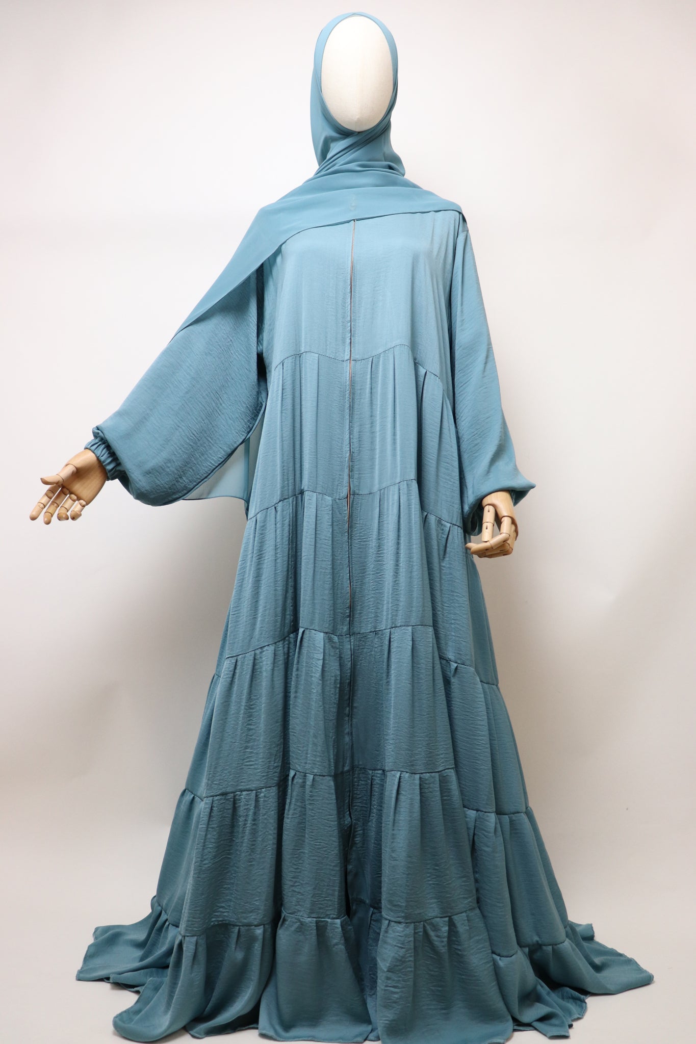Full-zip 5 Tiered Wide Flare Umbrella Abaya - Aqua