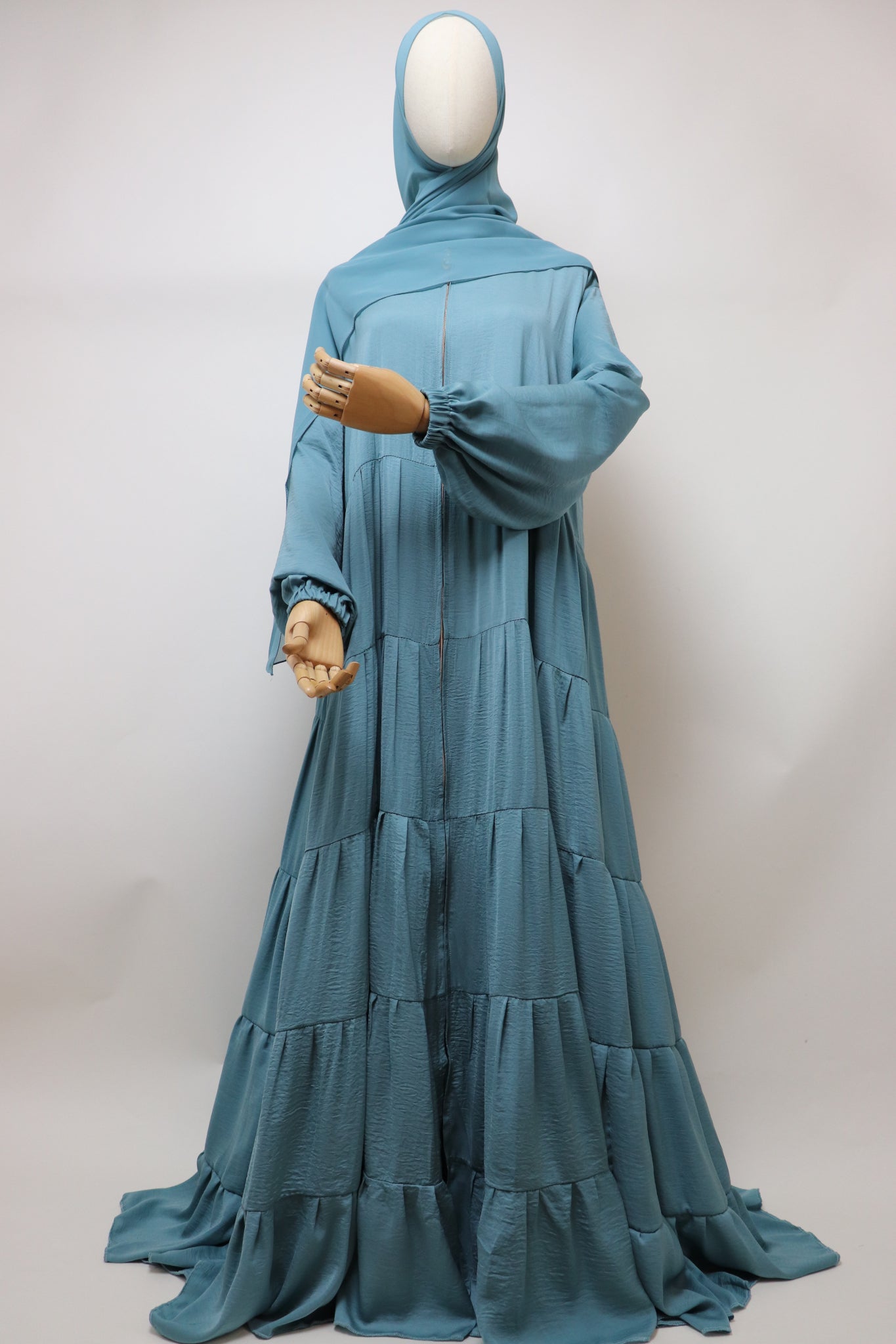 Full-zip 5 Tiered Wide Flare Umbrella Abaya - Aqua